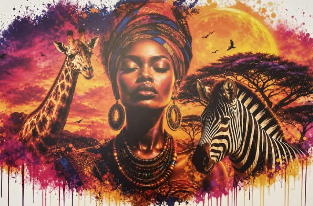 Spalvingas Afrikos tematikos sienos piešinys su žirafa, zebru ir afrikiete