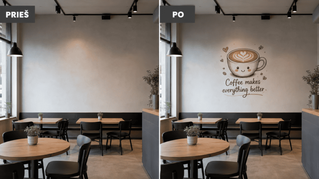 Kavinės sienos prieš ir po – ant sienos išspausdintas Wall Print piešinys